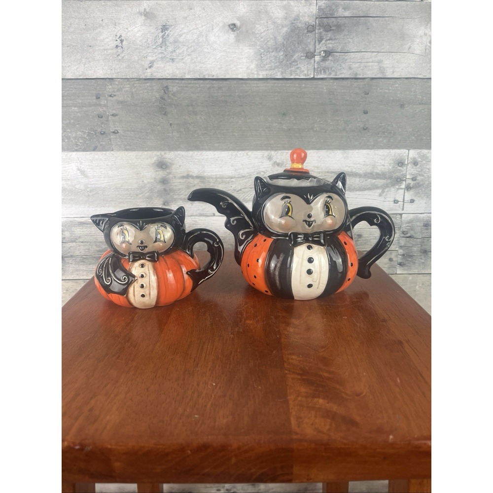 Johanna Parker Whimsical  Halloween Bat Teapot & Matching Creamer Set  ~  NEW